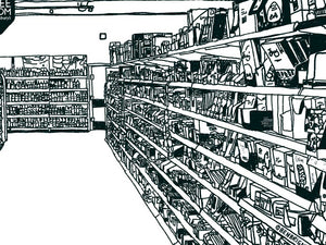 A line drawing of a supermarket aisle