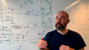Ben Brignell speaking in front of a whiteboard with sketches and notes written on it